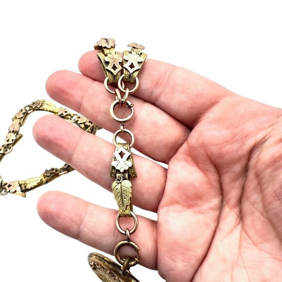 Antique Victorian Womens Necklace Gold Filled Tri Color Book Chain Locket 1800s - Picture 6 of 11